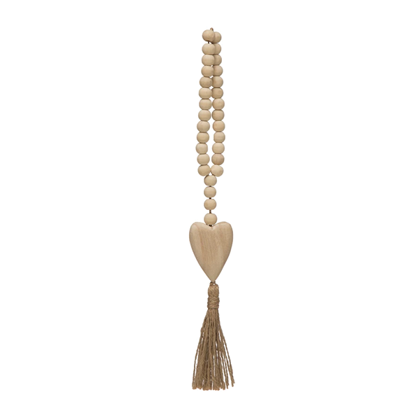 Wood Beads with Heart Icon and Jute Tassel